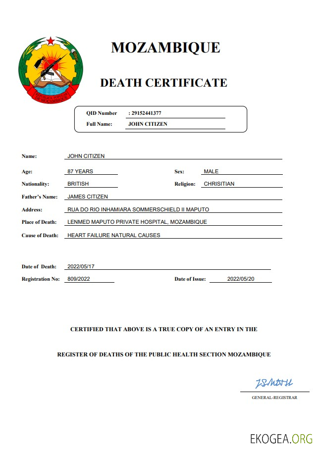 Modèle Word et PDF de certificat de décès de l'état civil du Mozambique